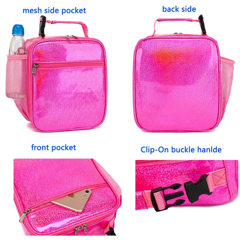 FlowFly Kids Lunch box Insulated Soft Bag Mini Cooler Back to School Thermal Meal Tote Kit for Girls, Boys, PU Pink - Image 4
